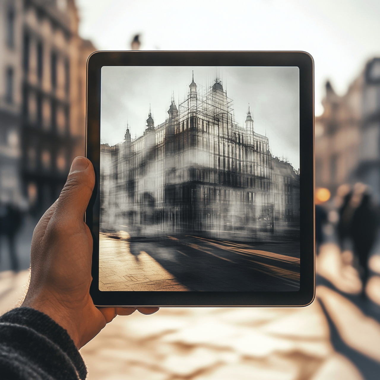 Mensch steht in der Stadt umgeben von Gebäuden. Man sieht lediglich seine Hand. In der Hand hält er ein Tablet auf dem das Gebäude vor ihm als Konstruierte Zeichnung zu sehen ist.