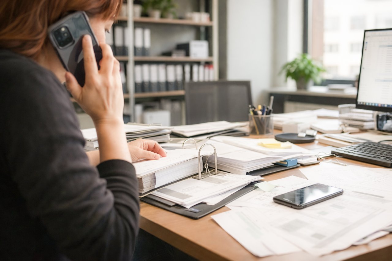 Frau am Schreibtisch. Telefoniert und durchsucht Ordner.